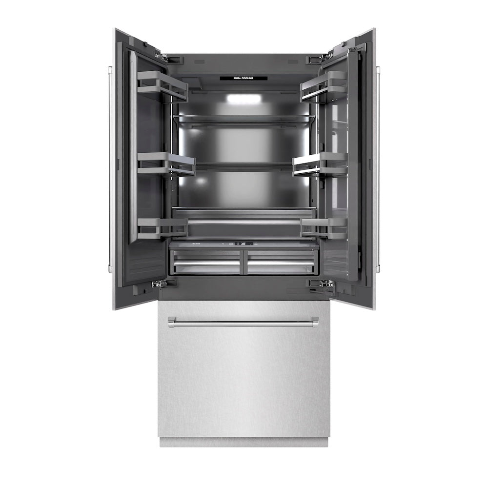 ZLINE 36 in. 19.6 cu. ft. French Door Built-In Bottom Freezer Refrigerator with Water Dispenser and Ice Maker in Satin Stainless Steel with Graphite Gray Interior (GRBIV-SN-36) front, refrigeration compartment open.