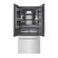 ZLINE 36 in. 19.6 cu. ft. French Door Built-In Bottom Freezer Refrigerator with Water Dispenser and Ice Maker in Satin Stainless Steel with Graphite Gray Interior (GRBIV-SN-36) front, refrigeration compartment and bottom freezer open.