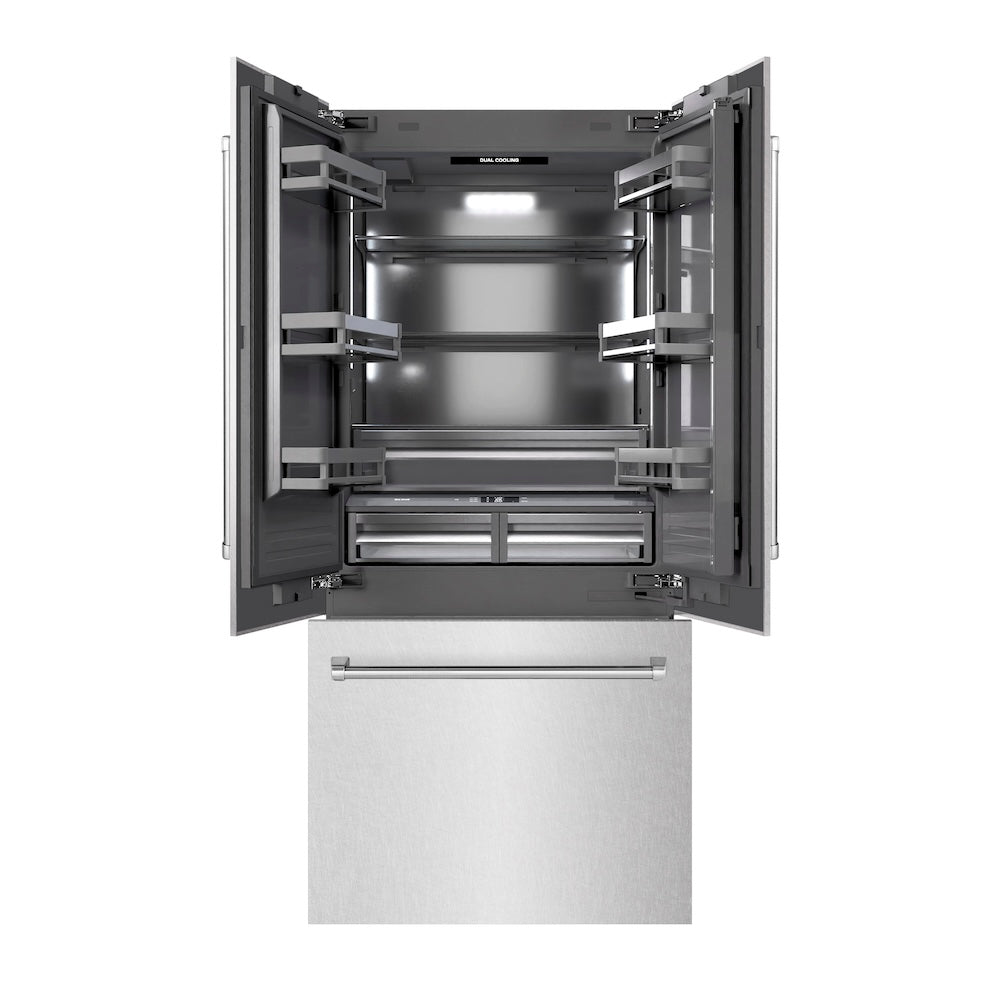 ZLINE 36 in. 19.6 cu. ft. French Door Built-In Bottom Freezer Refrigerator with Water Dispenser and Ice Maker in Satin Stainless Steel with Graphite Gray Interior (GRBIV-SN-36) front, refrigeration compartment and bottom freezer open.