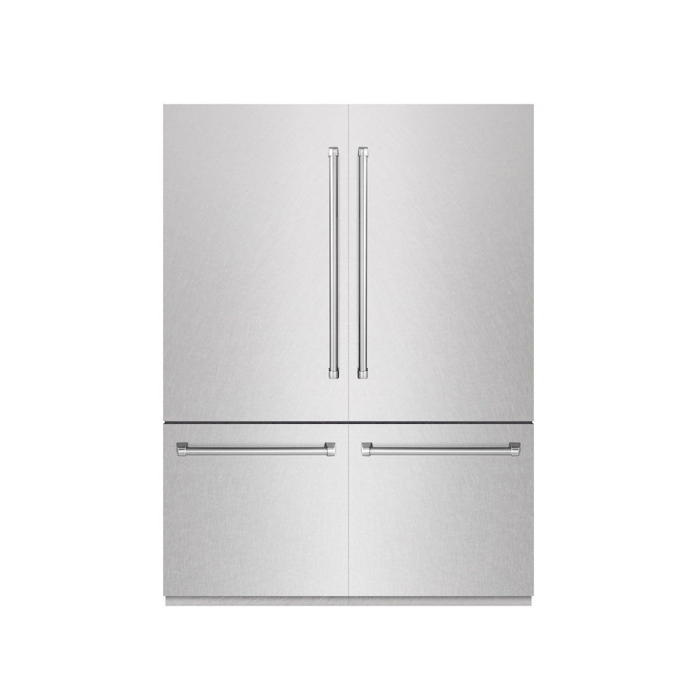 ZLINE 60 in. 32.2 cu. ft. French Door Built-In Bottom Freezer Refrigerator with Water Dispensers and Ice Makers in Satin Stainless Steel with Graphite Gray Interior (GRBIV-SN-60) front, closed.