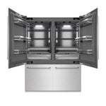 ZLINE 60 in. 32.2 cu. ft. French Door Built-In Bottom Freezer Refrigerator with Water Dispensers and Ice Makers in Satin Stainless Steel with Graphite Gray Interior (GRBIV-SN-60) front, refrigeration compartment open.