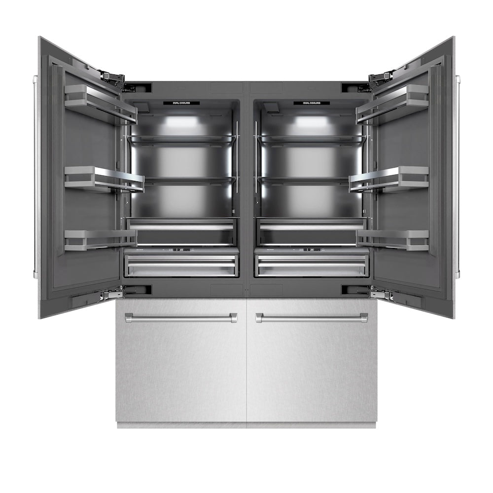 ZLINE 60 in. 32.2 cu. ft. French Door Built-In Bottom Freezer Refrigerator with Water Dispensers and Ice Makers in Satin Stainless Steel with Graphite Gray Interior (GRBIV-SN-60) front, refrigeration compartment open.