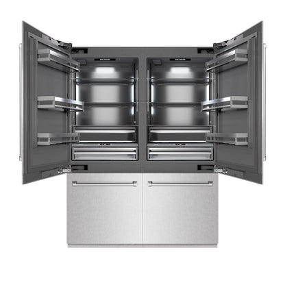 ZLINE 60 in. 32.2 cu. ft. French Door Built-In Bottom Freezer Refrigerator with Water Dispensers and Ice Makers in Satin Stainless Steel with Graphite Gray Interior (GRBIV-SN-60) front, refrigeration compartment open.