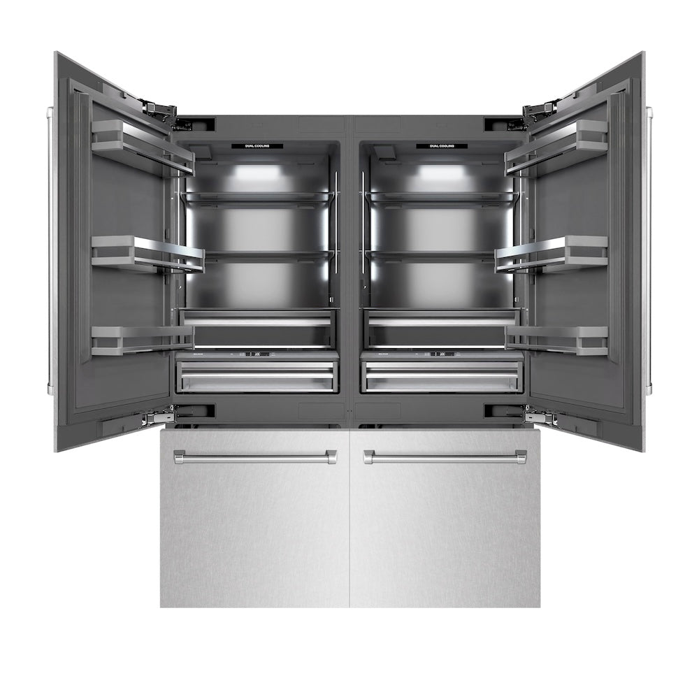 ZLINE 60 in. 32.2 cu. ft. French Door Built-In Bottom Freezer Refrigerator with Water Dispensers and Ice Makers in Satin Stainless Steel with Graphite Gray Interior (GRBIV-SN-60) front, refrigeration compartment and bottom freezer open.
