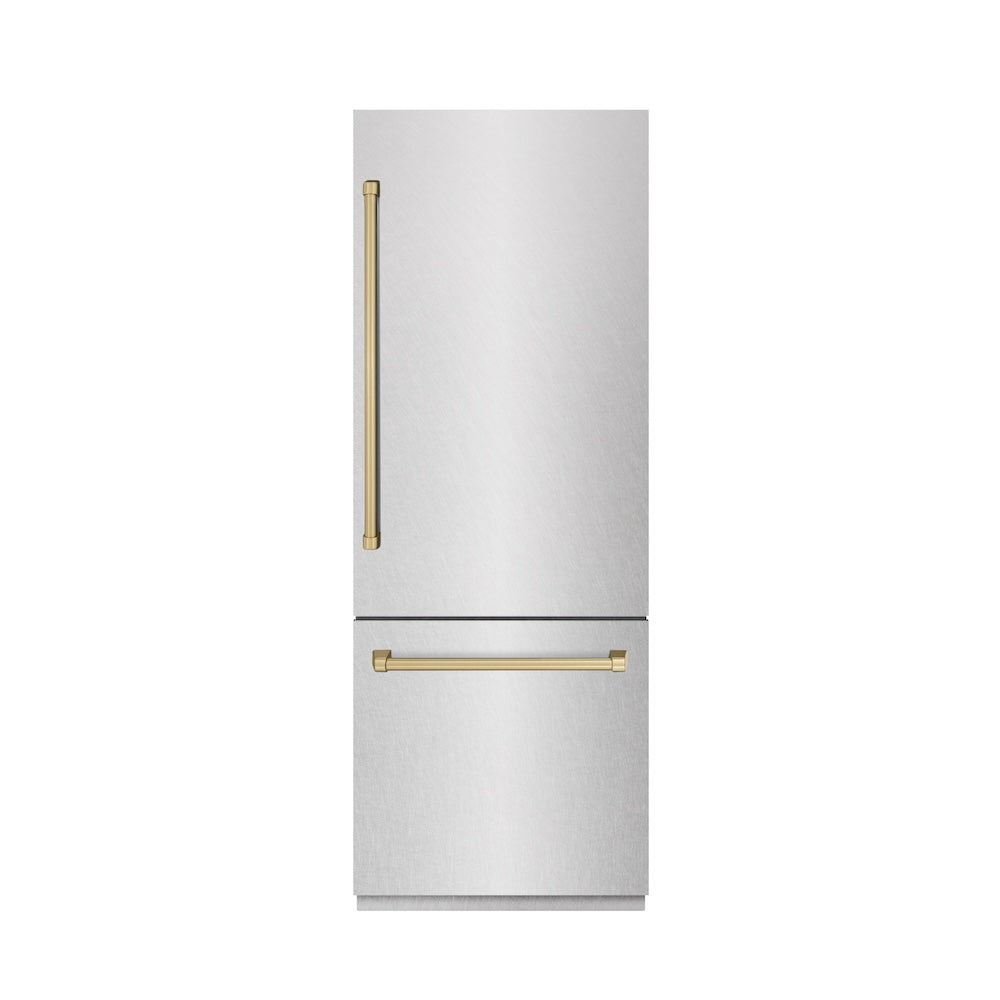 ZLINE Autograph Edition 30 in. 16.1 cu. ft. Built-In Bottom Freezer Refrigerator with Water Dispenser and Ice Maker in Satin Stainless Steel with Graphite Gray Interior and Champagne Bronze Accents (GRBIVZ-SN-30-CB) front, closed.