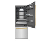 ZLINE Autograph Edition 30 in. 16.1 cu. ft. Built-In Bottom Freezer Refrigerator with Water Dispenser and Ice Maker in Satin Stainless Steel with Graphite Gray Interior and Champagne Bronze Accents (GRBIVZ-SN-30-CB) front, refrigeration compartment open.