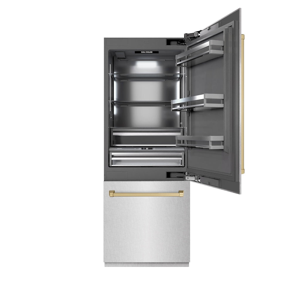 ZLINE Autograph Edition 30 in. 16.1 cu. ft. Built-In Bottom Freezer Refrigerator with Water Dispenser and Ice Maker in Satin Stainless Steel with Graphite Gray Interior and Champagne Bronze Accents (GRBIVZ-SN-30-CB) front, refrigeration compartment open.