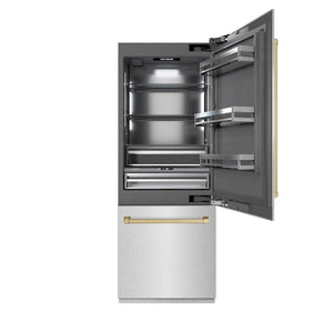 ZLINE Autograph Edition 30 in. 16.1 cu. ft. Built-In Bottom Freezer Refrigerator with Water Dispenser and Ice Maker in Satin Stainless Steel with Graphite Gray Interior and Champagne Bronze Accents (GRBIVZ-SN-30-CB) main image.