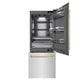 ZLINE Autograph Edition 30 in. 16.1 cu. ft. Built-In Bottom Freezer Refrigerator with Water Dispenser and Ice Maker in Satin Stainless Steel with Graphite Gray Interior and Champagne Bronze Accents (GRBIVZ-SN-30-CB) front, refrigeration compartment and bottom freezer open.
