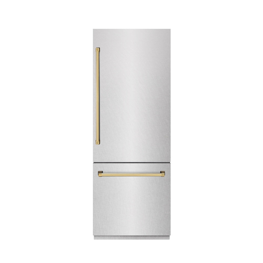 ZLINE Autograph Edition 30 in. 16.1 cu. ft. Built-In Bottom Freezer Refrigerator with Water Dispenser and Ice Maker in Satin Stainless Steel with Graphite Gray Interior and Polished Gold Accents (GRBIVZ-SN-30-G) front, closed.