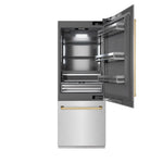 ZLINE Autograph Edition 30 in. 16.1 cu. ft. Built-In Bottom Freezer Refrigerator with Water Dispenser and Ice Maker in Satin Stainless Steel with Graphite Gray Interior and Polished Gold Accents (GRBIVZ-SN-30-G) front, refrigeration compartment open.