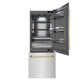 ZLINE Autograph Edition 30 in. 16.1 cu. ft. Built-In Bottom Freezer Refrigerator with Water Dispenser and Ice Maker in Satin Stainless Steel with Graphite Gray Interior and Polished Gold Accents (GRBIVZ-SN-30-G) front, refrigeration compartment and bottom freezer open.