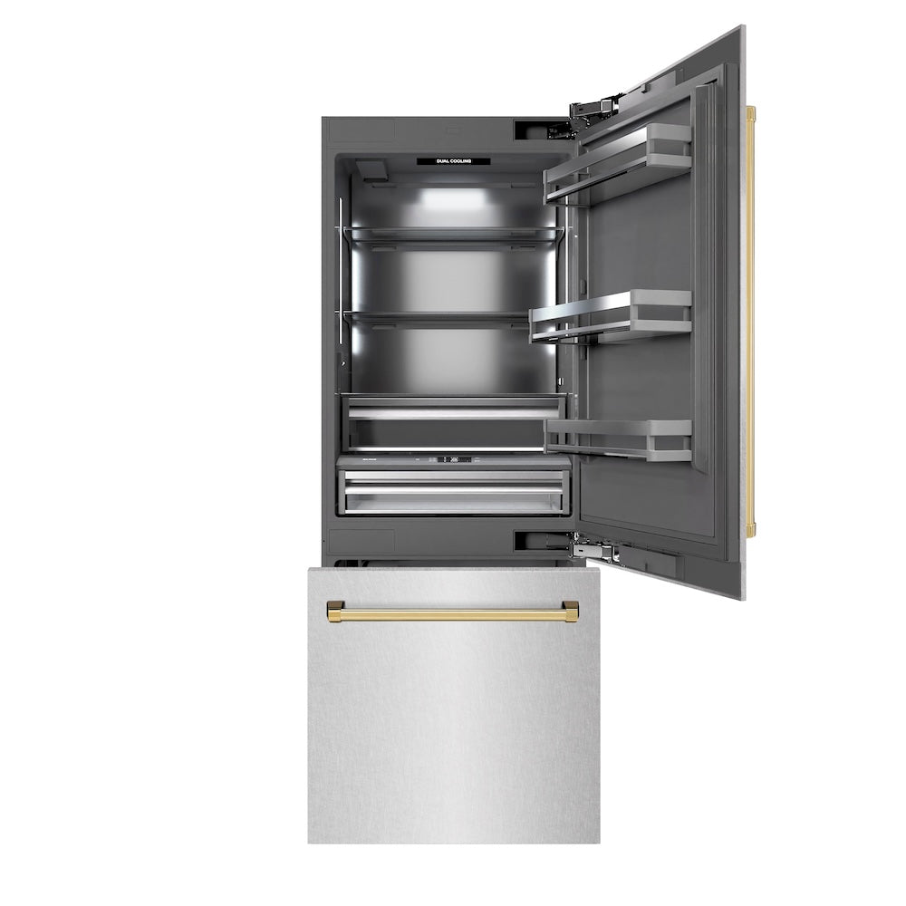 ZLINE Autograph Edition 30 in. 16.1 cu. ft. Built-In Bottom Freezer Refrigerator with Water Dispenser and Ice Maker in Satin Stainless Steel with Graphite Gray Interior and Polished Gold Accents (GRBIVZ-SN-30-G) front, refrigeration compartment and bottom freezer open.