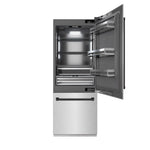 ZLINE Autograph Edition 30 in. 16.1 cu. ft. Built-In Bottom Freezer Refrigerator with Water Dispenser and Ice Maker in Satin Stainless Steel with Graphite Gray Interior and Matte Black Accents (GRBIVZ-SN-30-MB) front, refrigeration compartment open.