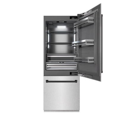 ZLINE Autograph Edition 30 in. 16.1 cu. ft. Built-In Bottom Freezer Refrigerator with Water Dispenser and Ice Maker in Satin Stainless Steel with Graphite Gray Interior and Matte Black Accents (GRBIVZ-SN-30-MB) front, refrigeration compartment open.