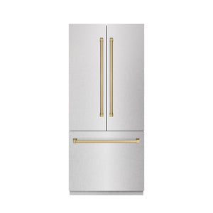 ZLINE Autograph Edition 36 in. 19.6 cu. ft. French Door Built-In Bottom Freezer Refrigerator with Water Dispenser and Ice Maker in Satin Stainless Steel with Graphite Gray Interior and Champagne Bronze Accents (GRBIVZ-SN-36-CB) front, closed.