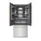 ZLINE Autograph Edition 36 in. 19.6 cu. ft. French Door Built-In Bottom Freezer Refrigerator with Water Dispenser and Ice Maker in Satin Stainless Steel with Graphite Gray Interior and Champagne Bronze Accents (GRBIVZ-SN-36-CB) front, refrigeration compartment open.