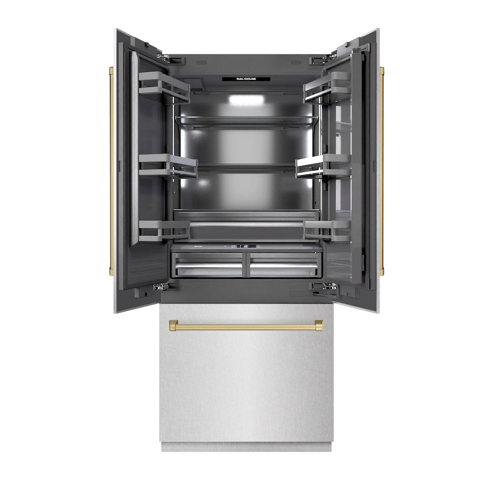 ZLINE Autograph Edition 36 in. 19.6 cu. ft. French Door Built-In Bottom Freezer Refrigerator with Water Dispenser and Ice Maker in Satin Stainless Steel with Graphite Gray Interior and Champagne Bronze Accents (GRBIVZ-SN-36-CB) front, refrigeration compartment open.