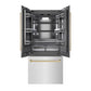 ZLINE Autograph Edition 36 in. 19.6 cu. ft. French Door Built-In Bottom Freezer Refrigerator with Water Dispenser and Ice Maker in Satin Stainless Steel with Graphite Gray Interior and Champagne Bronze Accents (GRBIVZ-SN-36-CB) front, refrigeration compartment and bottom freezer open.