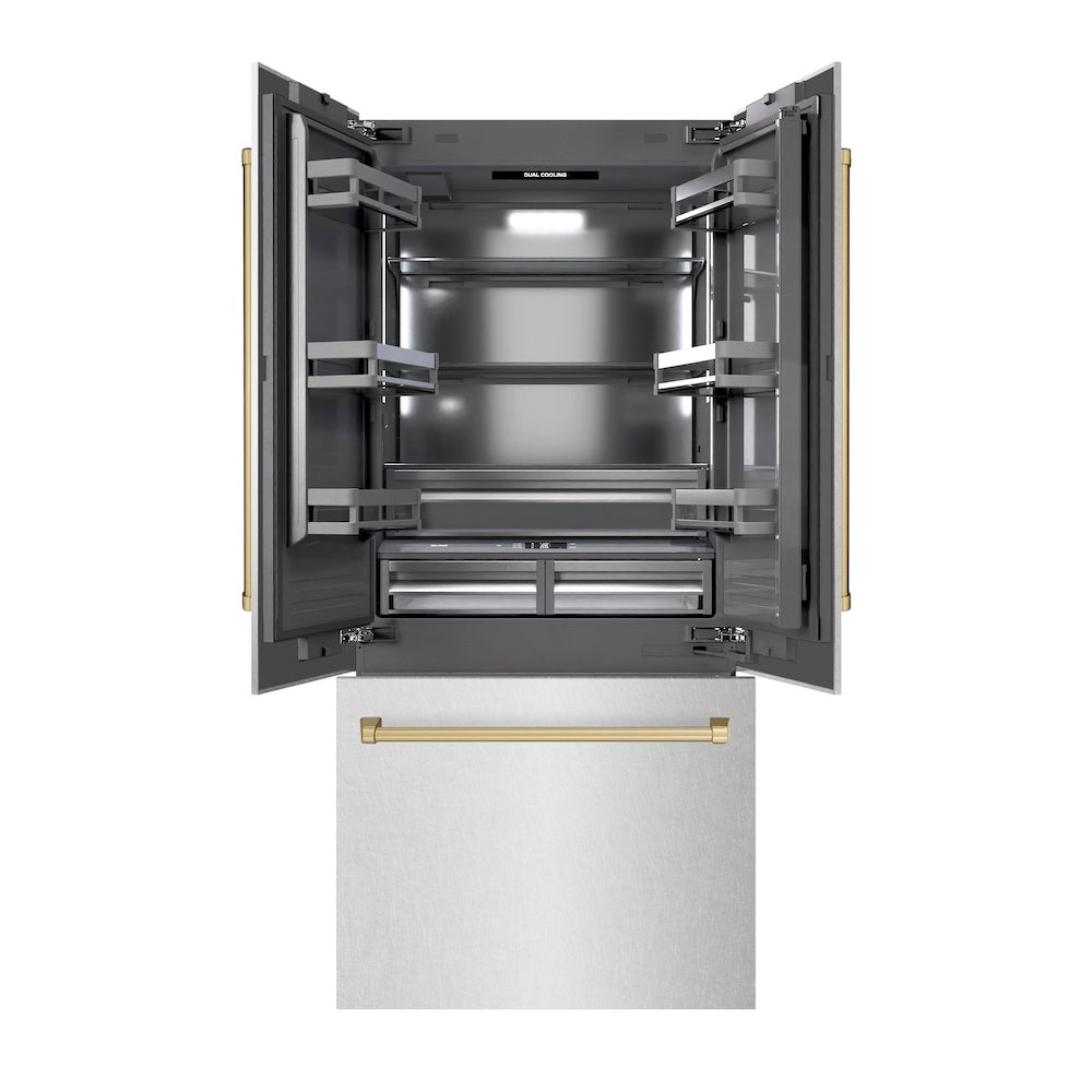 ZLINE Autograph Edition 36 in. 19.6 cu. ft. French Door Built-In Bottom Freezer Refrigerator with Water Dispenser and Ice Maker in Satin Stainless Steel with Graphite Gray Interior and Champagne Bronze Accents (GRBIVZ-SN-36-CB) front, refrigeration compartment and bottom freezer open.