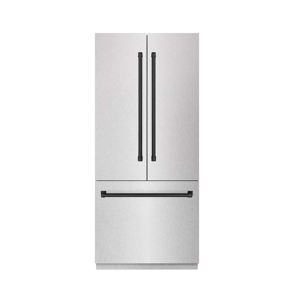 ZLINE Autograph Edition 36 in. 19.6 cu. ft. French Door Built-In Bottom Freezer Refrigerator with Water Dispenser and Ice Maker in Satin Stainless Steel with Graphite Gray Interior and Matte Black Accents (GRBIVZ-SN-36-MB) front, closed.