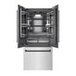 ZLINE Autograph Edition 36 in. 19.6 cu. ft. French Door Built-In Bottom Freezer Refrigerator with Water Dispenser and Ice Maker in Satin Stainless Steel with Graphite Gray Interior and Matte Black Accents (GRBIVZ-SN-36-MB) front, refrigeration compartment and bottom freezer open.