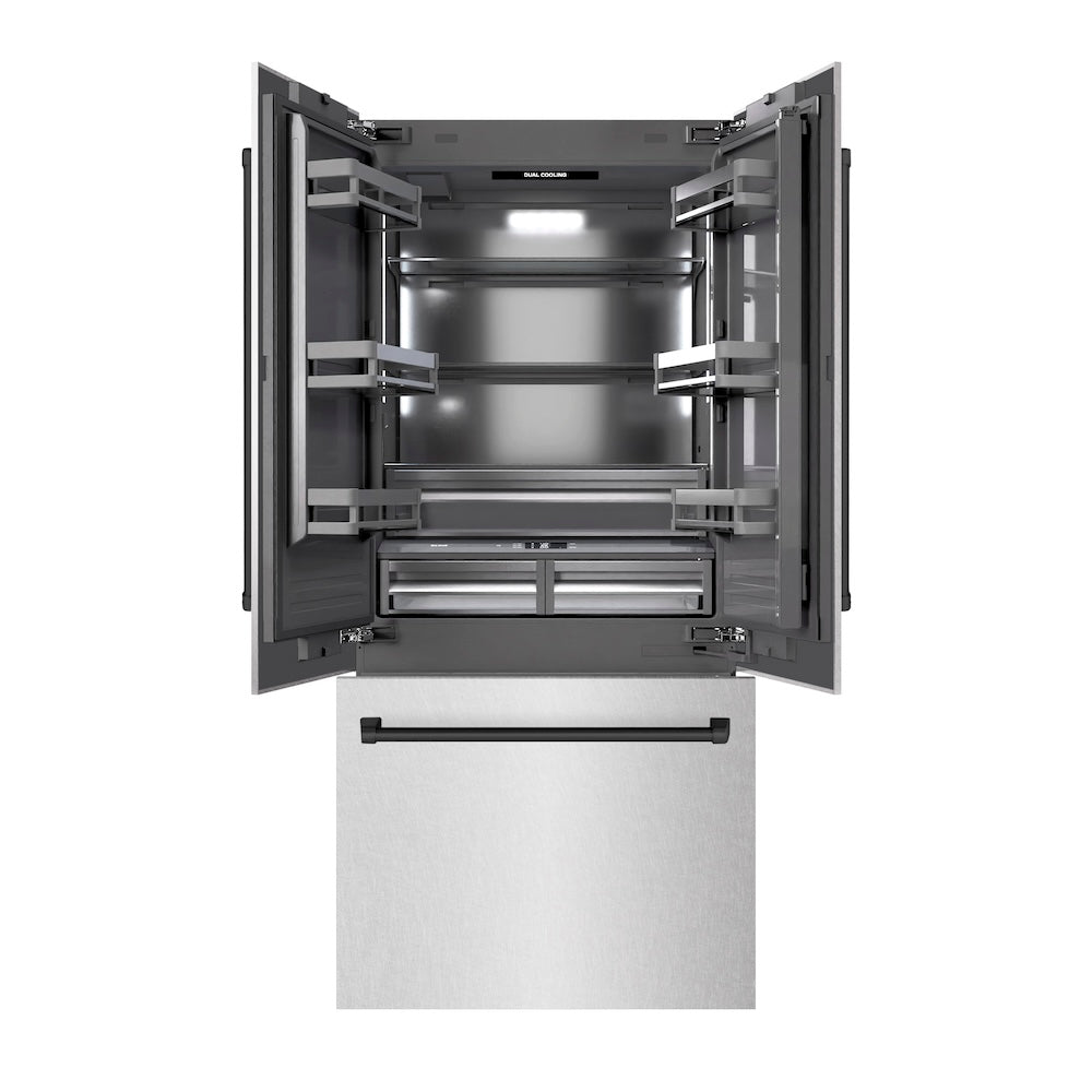 ZLINE Autograph Edition 36 in. 19.6 cu. ft. French Door Built-In Bottom Freezer Refrigerator with Water Dispenser and Ice Maker in Satin Stainless Steel with Graphite Gray Interior and Matte Black Accents (GRBIVZ-SN-36-MB) front, refrigeration compartment and bottom freezer open.