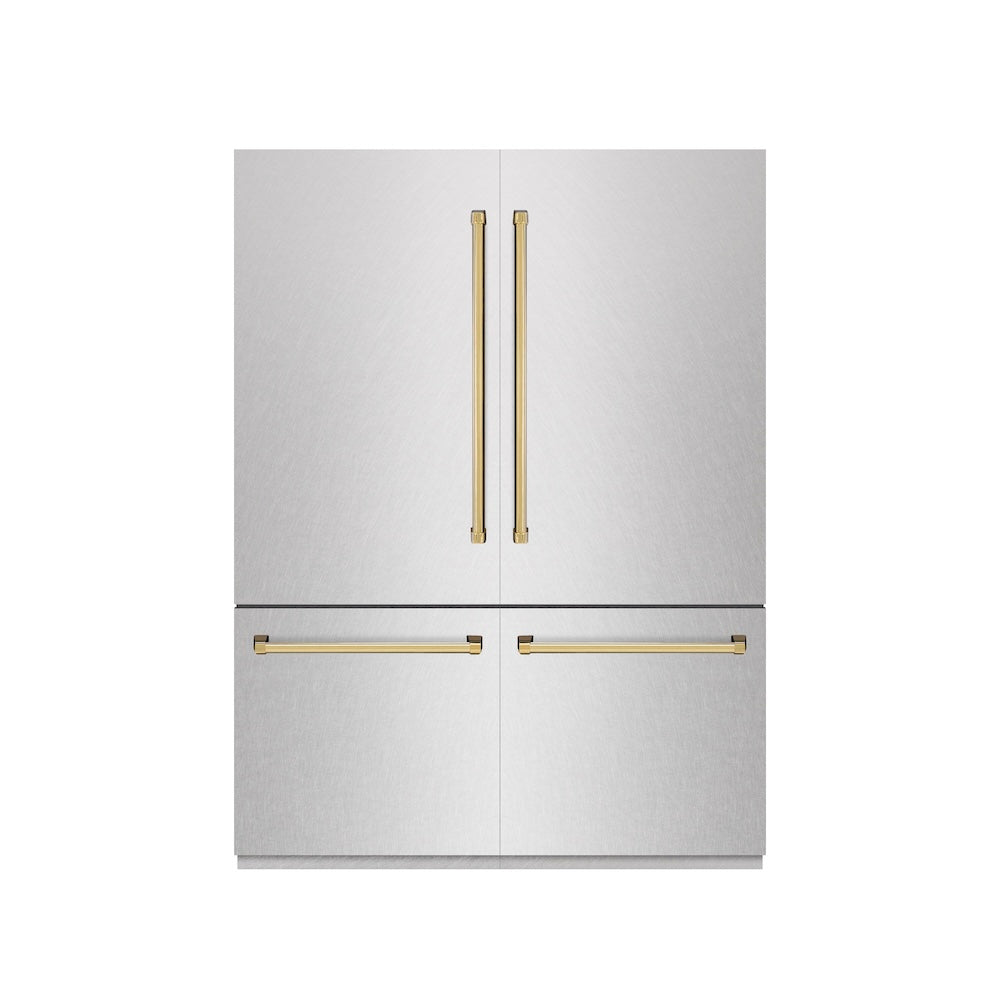 ZLINE Autograph Edition 60 in. 32.2 cu. ft. French Door Built-In Bottom Freezer Refrigerator with Water Dispenser and Ice Maker in Satin Stainless Steel with Graphite Gray Interior and Champagne Bronze Accents (GRBIVZ-SN-60-CB) front, closed.