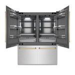 ZLINE Autograph Edition 60 in. 32.2 cu. ft. French Door Built-In Bottom Freezer Refrigerator with Water Dispenser and Ice Maker in Satin Stainless Steel with Graphite Gray Interior and Champagne Bronze Accents (GRBIVZ-SN-60-CB) front, refrigeration compartment open.
