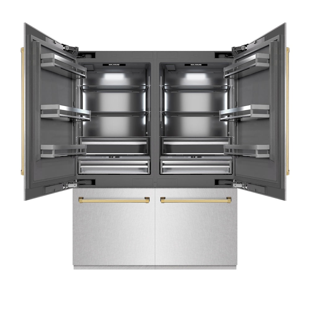 ZLINE Autograph Edition 60 in. 32.2 cu. ft. French Door Built-In Bottom Freezer Refrigerator with Water Dispenser and Ice Maker in Satin Stainless Steel with Graphite Gray Interior and Champagne Bronze Accents (GRBIVZ-SN-60-CB) front, refrigeration compartment open.