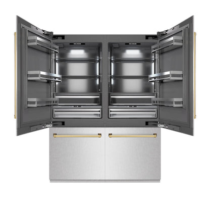 ZLINE Autograph Edition 60 in. 32.2 cu. ft. French Door Built-In Bottom Freezer Refrigerator with Water Dispenser and Ice Maker in Satin Stainless Steel with Graphite Gray Interior and Champagne Bronze Accents (GRBIVZ-SN-60-CB) front, refrigeration compartment open.