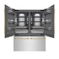 ZLINE Autograph Edition 60 in. 32.2 cu. ft. French Door Built-In Bottom Freezer Refrigerator with Water Dispenser and Ice Maker in Satin Stainless Steel with Graphite Gray Interior and Champagne Bronze Accents (GRBIVZ-SN-60-CB) front, refrigeration compartment and bottom freezer open.