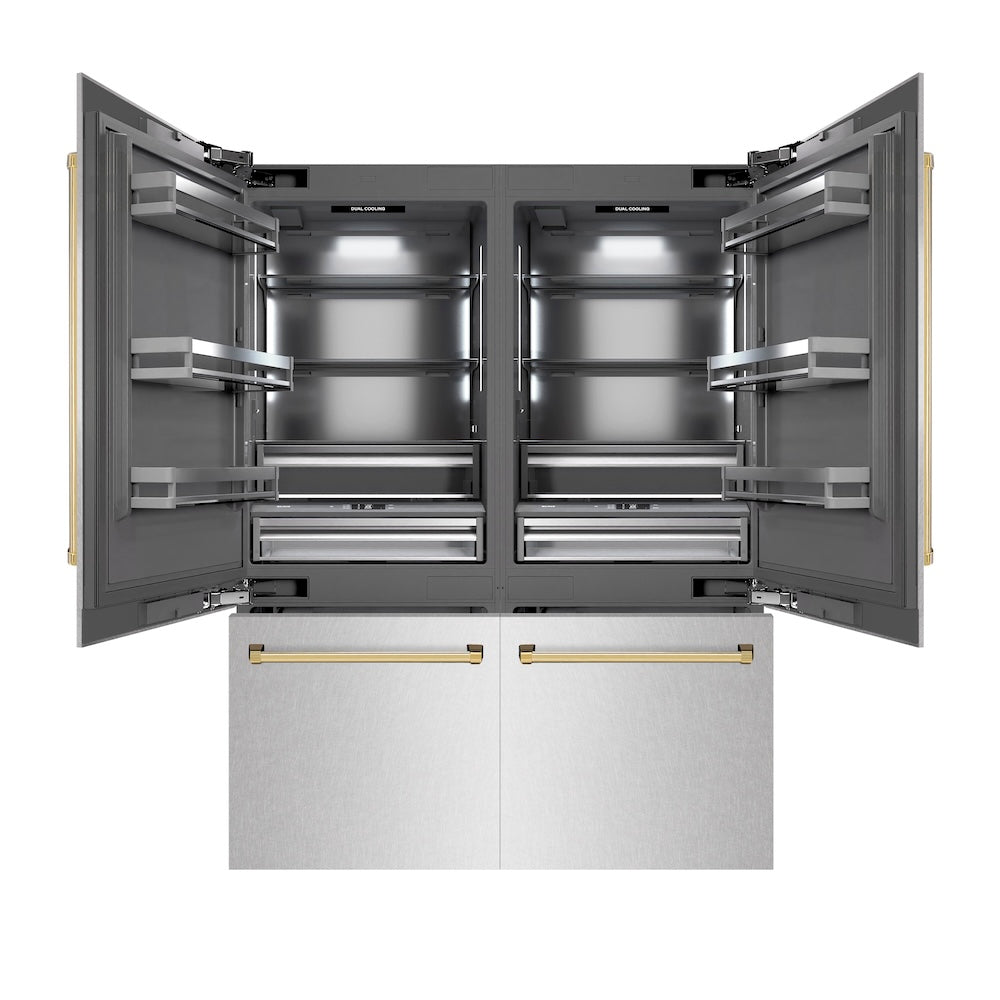 ZLINE Autograph Edition 60 in. 32.2 cu. ft. French Door Built-In Bottom Freezer Refrigerator with Water Dispenser and Ice Maker in Satin Stainless Steel with Graphite Gray Interior and Champagne Bronze Accents (GRBIVZ-SN-60-CB) front, refrigeration compartment and bottom freezer open.