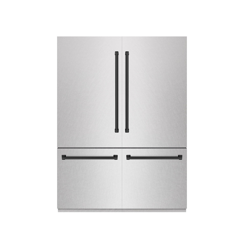 ZLINE Autograph Edition 60 in. 32.2 cu. ft. French Door Built-In Bottom Freezer Refrigerator with Water Dispenser and Ice Maker in Satin Stainless Steel with Graphite Gray Interior and Matte Black Accents (GRBIVZ-SN-60-MB) front, closed.