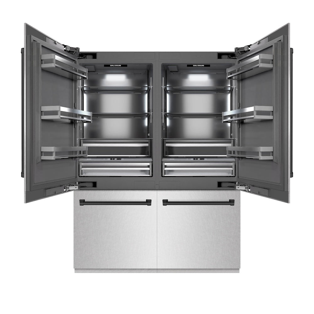 ZLINE Autograph Edition 60 in. 32.2 cu. ft. French Door Built-In Bottom Freezer Refrigerator with Water Dispenser and Ice Maker in Satin Stainless Steel with Graphite Gray Interior and Matte Black Accents (GRBIVZ-SN-60-MB) front, refrigeration compartment open.