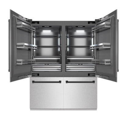ZLINE Autograph Edition 60 in. 32.2 cu. ft. French Door Built-In Bottom Freezer Refrigerator with Water Dispenser and Ice Maker in Satin Stainless Steel with Graphite Gray Interior and Matte Black Accents (GRBIVZ-SN-60-MB) front, refrigeration compartment open.