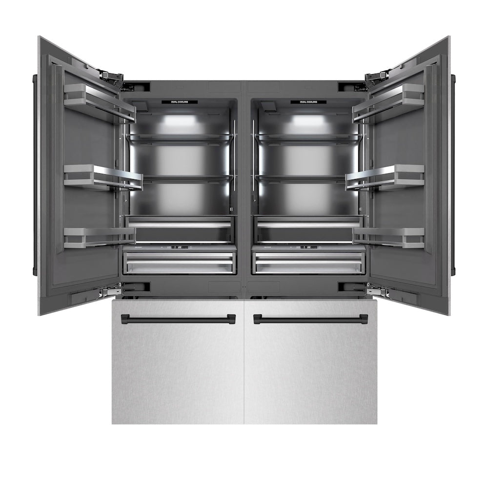 ZLINE Autograph Edition 60 in. 32.2 cu. ft. French Door Built-In Bottom Freezer Refrigerator with Water Dispenser and Ice Maker in Satin Stainless Steel with Graphite Gray Interior and Matte Black Accents (GRBIVZ-SN-60-MB) front, refrigeration compartment and bottom freezer open.