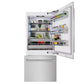 ZLINE 36 in. 19.8 cu. ft. Built-In Bottom Freezer Refrigerator with Water Dispenser and Ice Maker in Satin Stainless Steel (RBIT-SN-36) front, open, displaying various food and drink items.