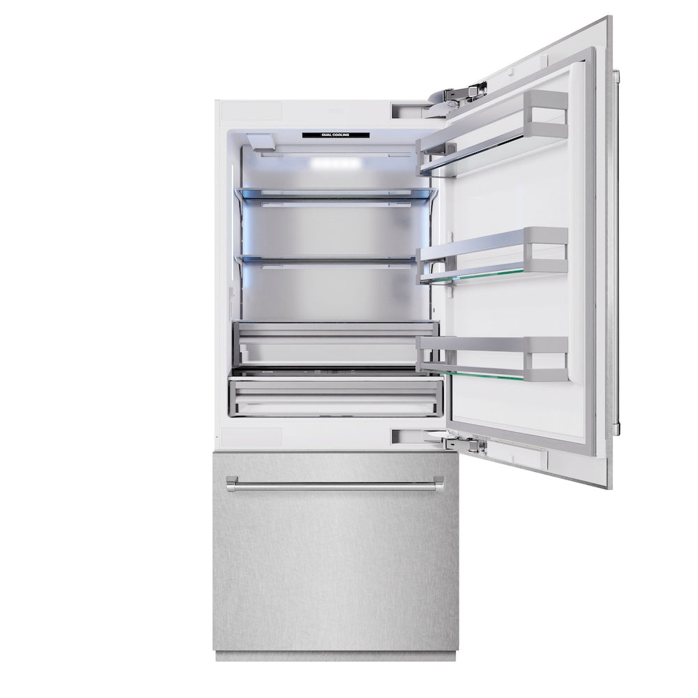 ZLINE 36 in. 19.8 cu. ft. Built-In Bottom Freezer Refrigerator with Water Dispenser and Ice Maker in Satin Stainless Steel (RBIT-SN-36) front, refrigeration compartment open.