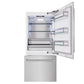 ZLINE 36 in. 19.8 cu. ft. Built-In Bottom Freezer Refrigerator with Water Dispenser and Ice Maker in Satin Stainless Steel (RBIT-SN-36) front, refrigeration compartment and bottom freezer open.