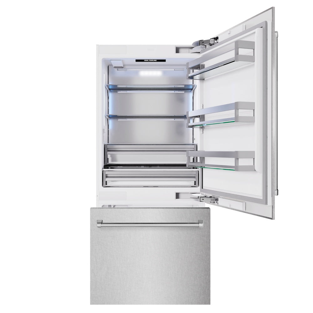 ZLINE 36 in. 19.8 cu. ft. Built-In Bottom Freezer Refrigerator with Water Dispenser and Ice Maker in Satin Stainless Steel (RBIT-SN-36) front, refrigeration compartment and bottom freezer open.