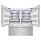 ZLINE 72 in. 39.6 cu. ft. French Door Built-In Bottom Freezer Refrigerator with Water Dispensers and Ice Makers in Satin Stainless Steel (RBIT-SN-72) front, refrigeration compartment and bottom freezer open.