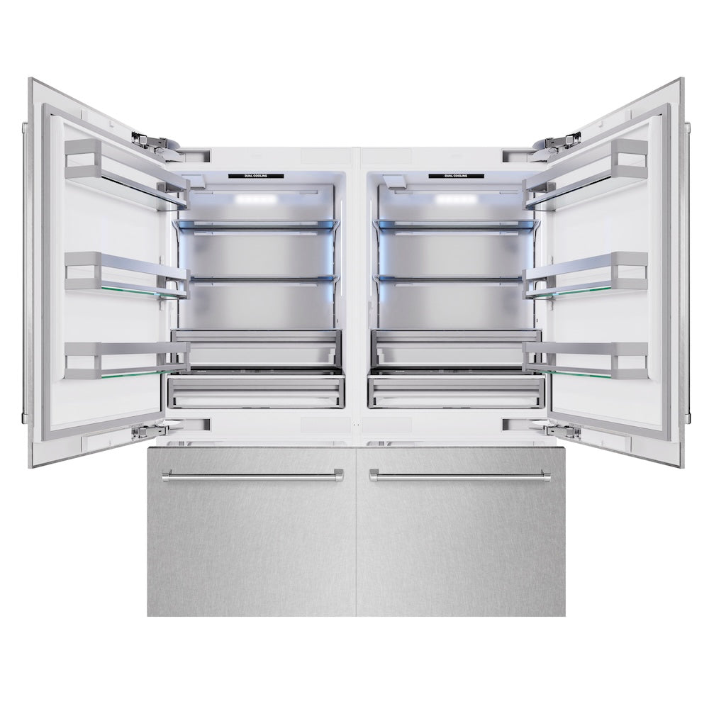 ZLINE 72 in. 39.6 cu. ft. French Door Built-In Bottom Freezer Refrigerator with Water Dispensers and Ice Makers in Satin Stainless Steel (RBIT-SN-72) front, refrigeration compartment and bottom freezer open.