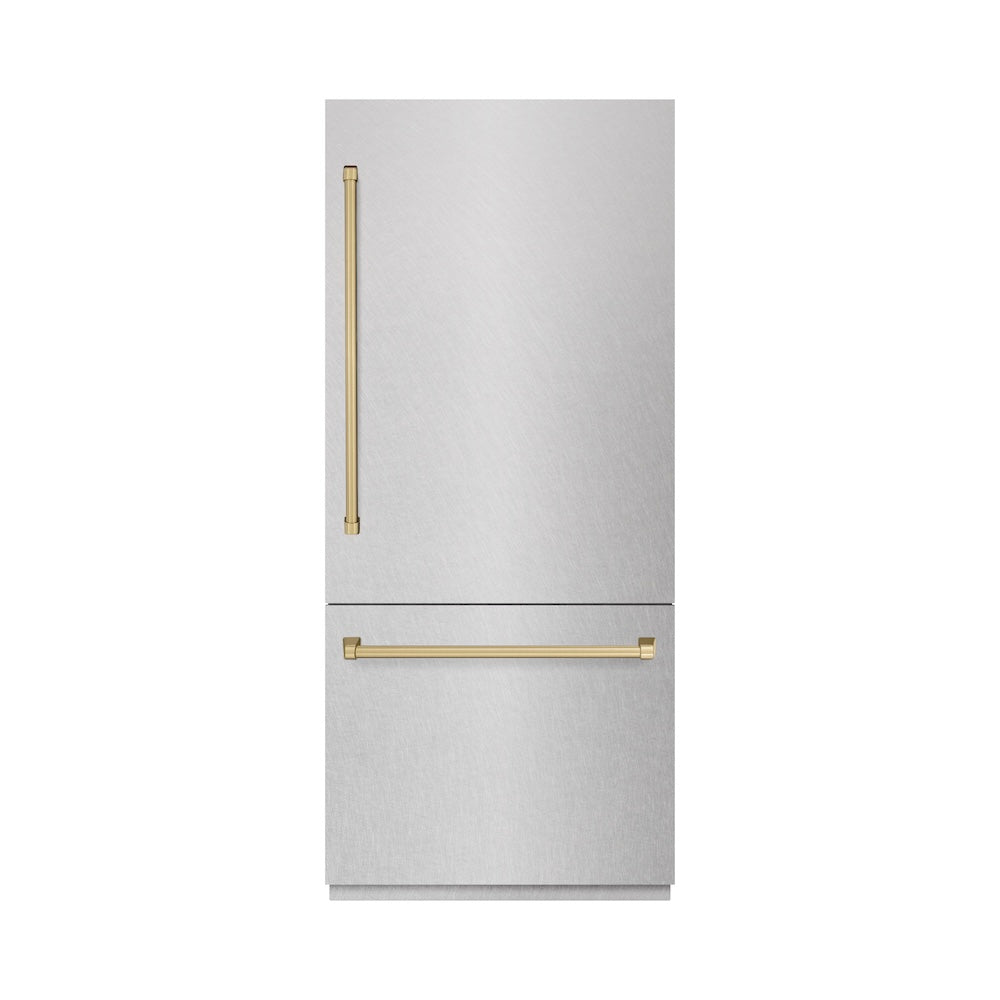 ZLINE Autograph Edition 36 in. 19.8 cu. ft. Built-In Bottom Freezer Refrigerator with Water Dispenser and Ice Maker in Satin Stainless Steel and Champagne Bronze Accents (RBITZ-SN-36-CB) main image.