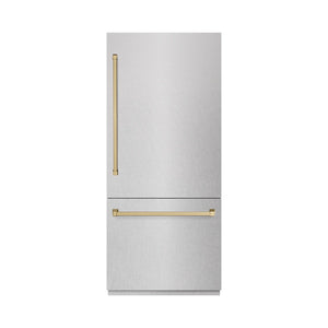 ZLINE Autograph Edition 36 in. 19.8 cu. ft. Built-In Bottom Freezer Refrigerator with Water Dispenser and Ice Maker in Satin Stainless Steel and Champagne Bronze Accents (RBITZ-SN-36-CB) main image.