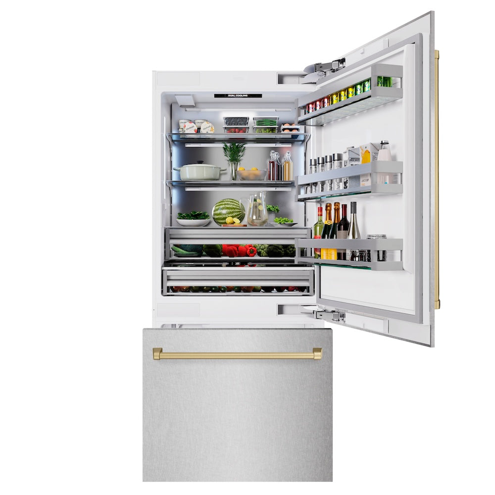 ZLINE Autograph Edition 36 in. 19.8 cu. ft. Built-In Bottom Freezer Refrigerator with Water Dispenser and Ice Maker in Satin Stainless Steel and Champagne Bronze Accents (RBITZ-SN-36-CB) front, open, displaying various food and drink items.