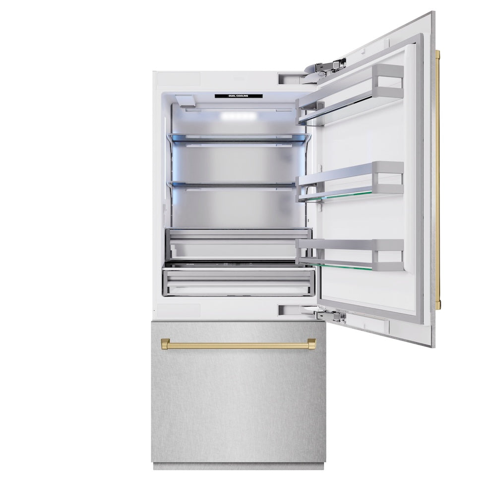 ZLINE Autograph Edition 36 in. 19.8 cu. ft. Built-In Bottom Freezer Refrigerator with Water Dispenser and Ice Maker in Satin Stainless Steel and Champagne Bronze Accents (RBITZ-SN-36-CB) front, refrigeration compartment open.