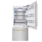 ZLINE Autograph Edition 36 in. 19.8 cu. ft. Built-In Bottom Freezer Refrigerator with Water Dispenser and Ice Maker in Satin Stainless Steel and Champagne Bronze Accents (RBITZ-SN-36-CB) front, refrigeration compartment and bottom freezer open.