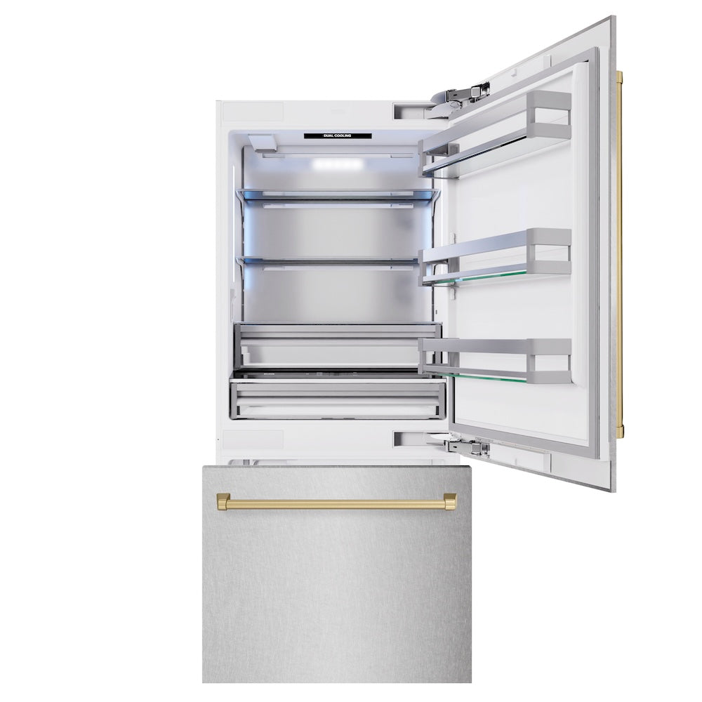 ZLINE Autograph Edition 36 in. 19.8 cu. ft. Built-In Bottom Freezer Refrigerator with Water Dispenser and Ice Maker in Satin Stainless Steel and Champagne Bronze Accents (RBITZ-SN-36-CB) front, refrigeration compartment and bottom freezer open.