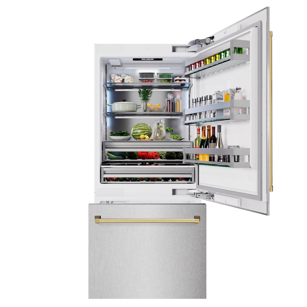 ZLINE Autograph Edition 36 in. 19.8 cu. ft. Built-In Bottom Freezer Refrigerator with Water Dispenser and Ice Maker in Satin Stainless Steel and Polished Gold Accents (RBITZ-SN-36-G) front, open, displaying various food and drink items.